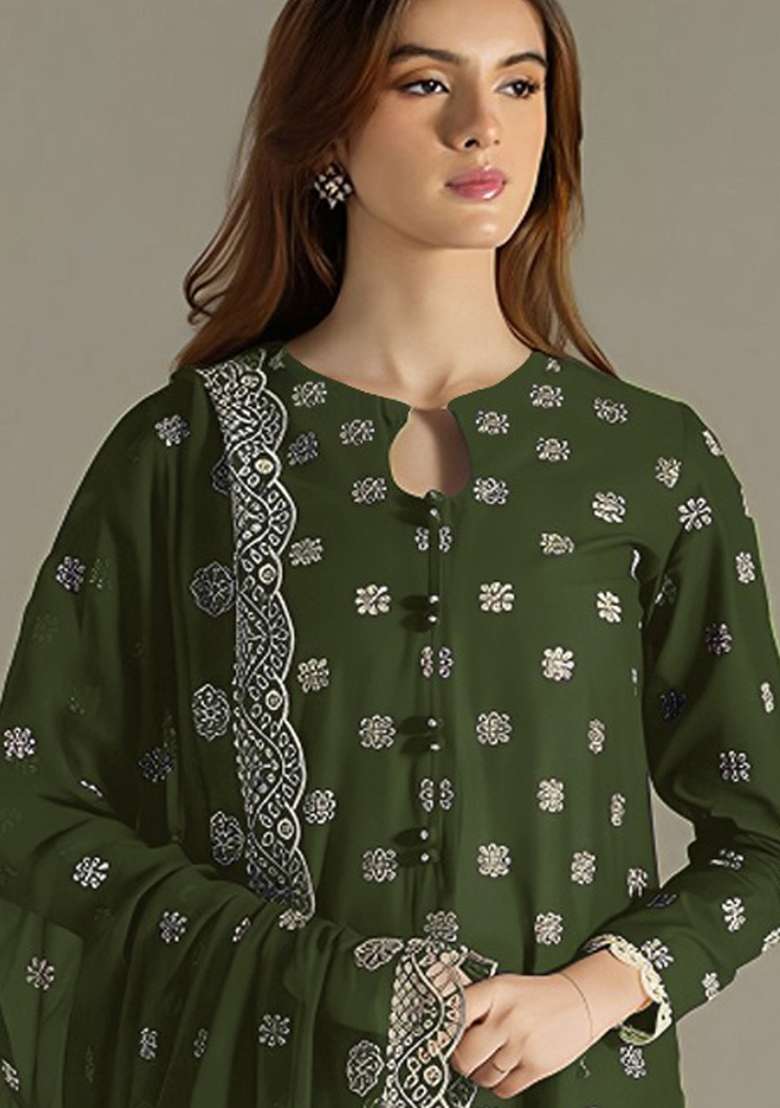 Green Embroidery Work Georgette Salwar Kameez With Dupatta - Indya
