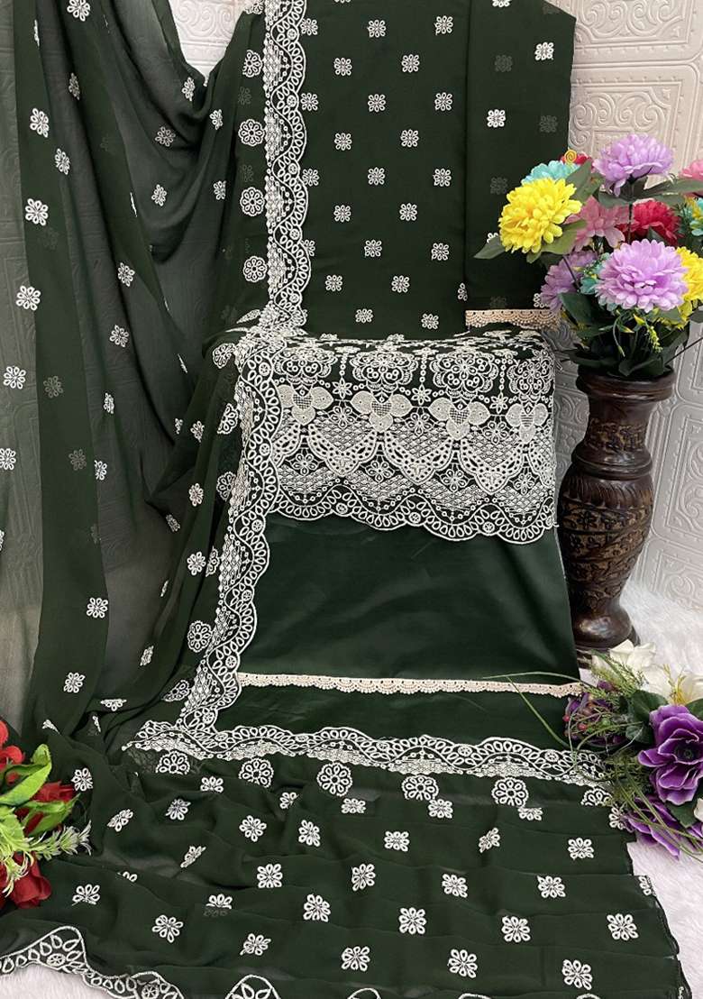 Green Embroidery Work Georgette Salwar Kameez With Dupatta - Indya