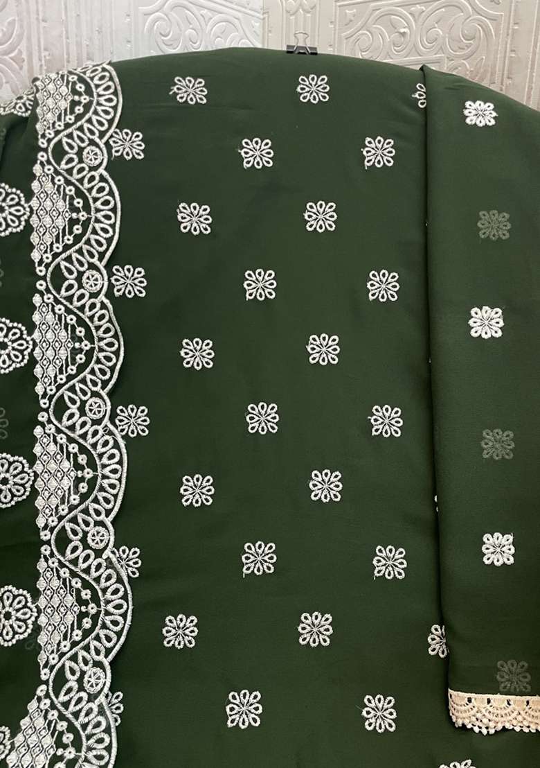 Green Embroidery Work Georgette Salwar Kameez With Dupatta - Indya