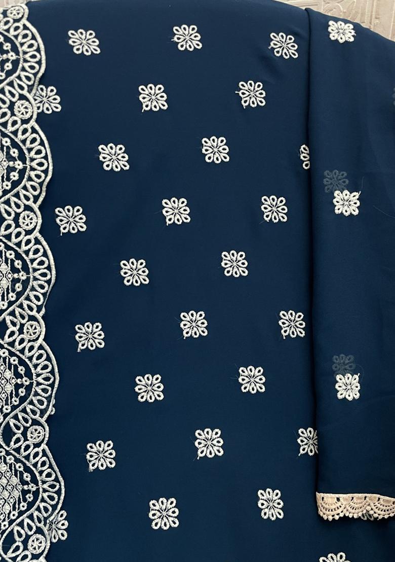 Blue Embroidery Work Georgette Salwar Kameez With Dupatta - Indya