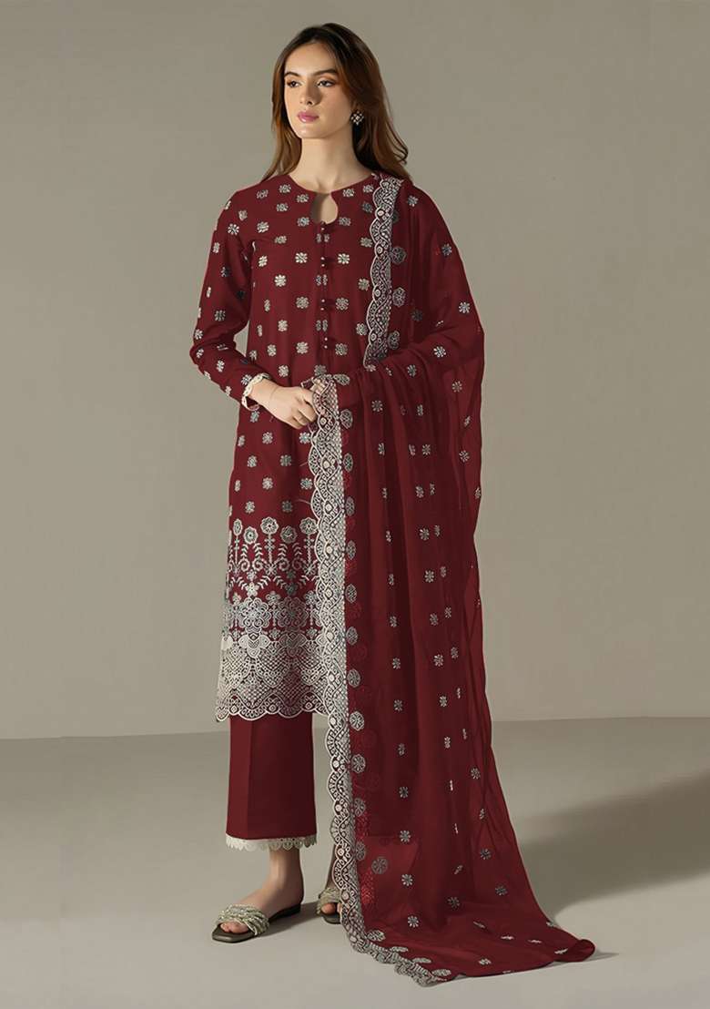 Maroon Embroidery Work Georgette Salwar Kameez With Dupatta - Indya