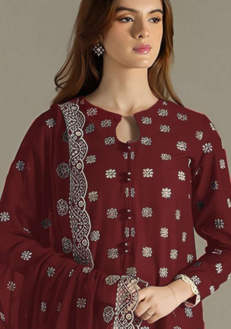 Maroon Embroidery Work Georgette Salwar Kameez With Dupatta - Indya