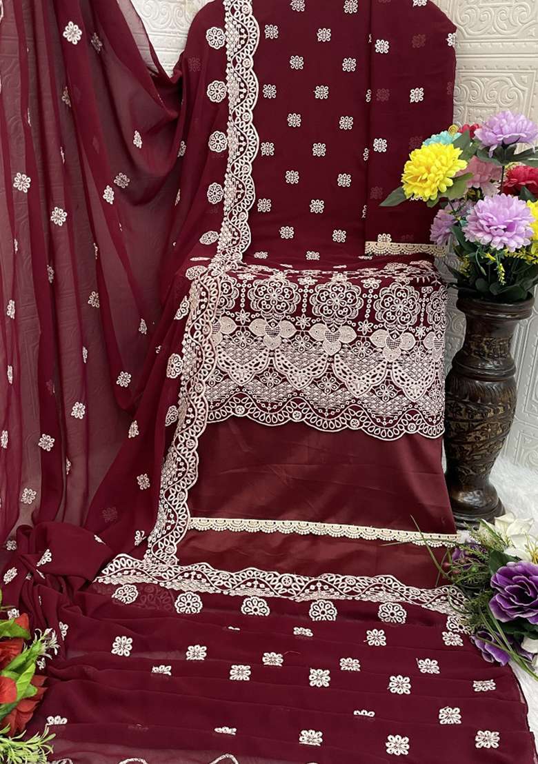 Maroon Embroidery Work Georgette Salwar Kameez With Dupatta - Indya
