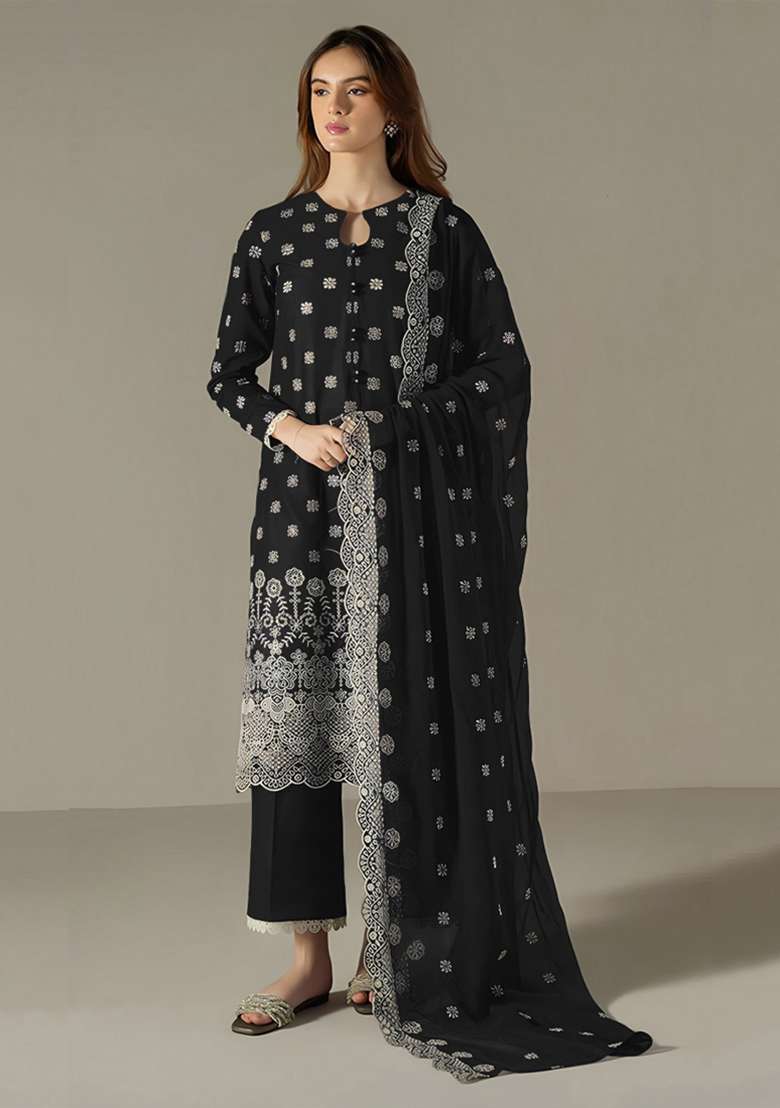 Black Embroidery Work Georgette Salwar Kameez With Dupatta - Indya