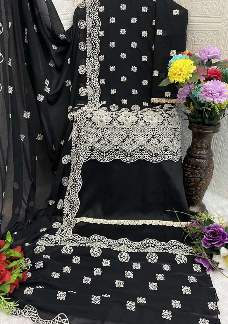 Black Embroidery Work Georgette Salwar Kameez With Dupatta - Indya