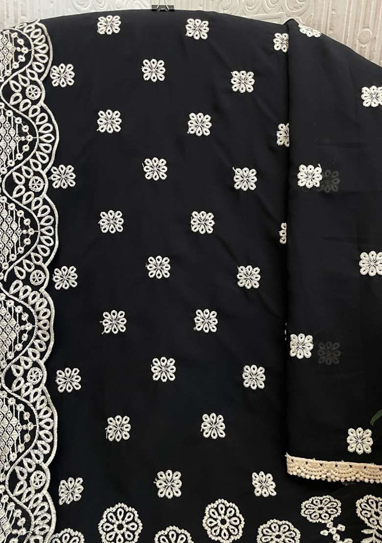 Black Embroidery Work Georgette Salwar Kameez With Dupatta - Indya