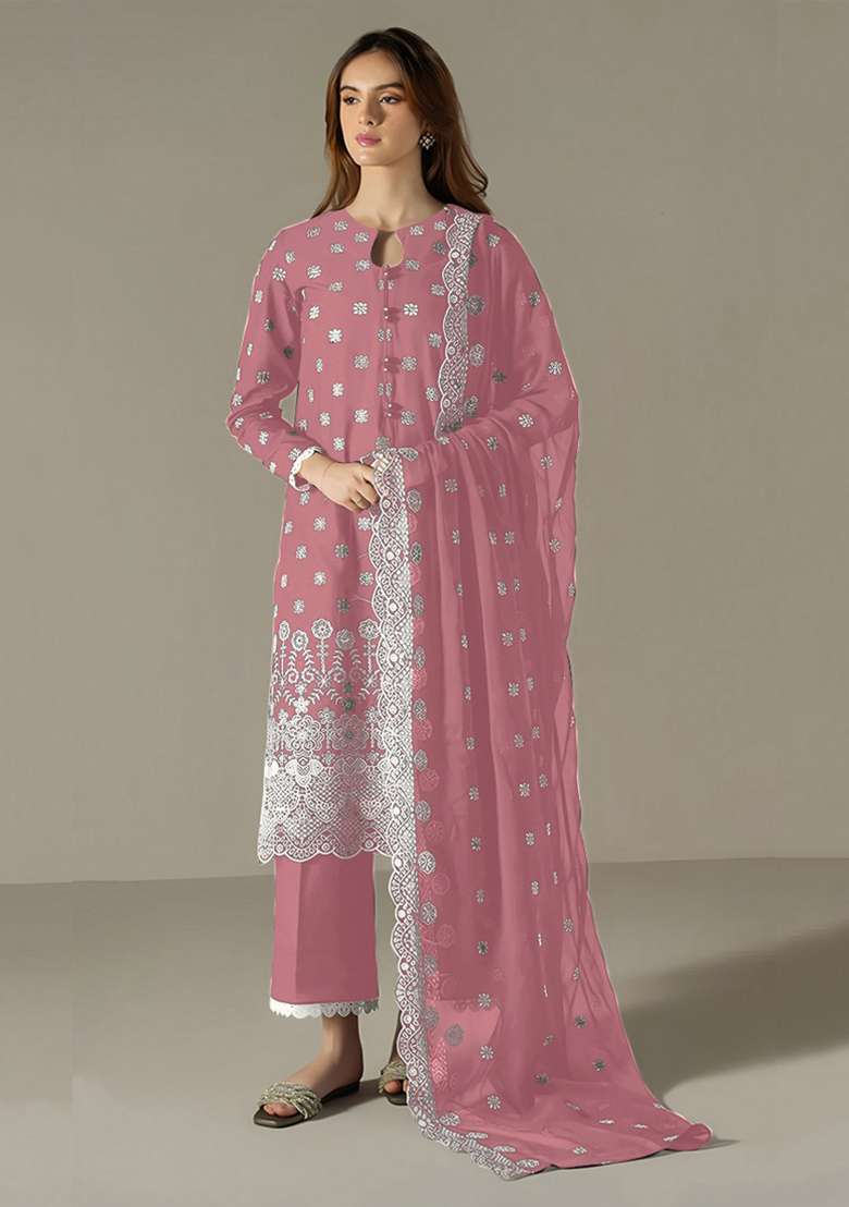Pink Embroidery Work Georgette Salwar Kameez With Dupatta - Indya
