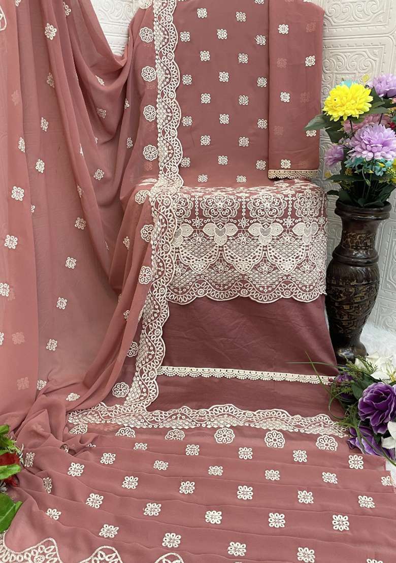Pink Embroidery Work Georgette Salwar Kameez With Dupatta - Indya