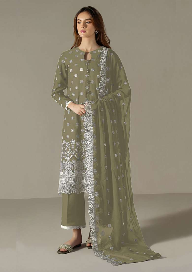 Light Green Embroidery Work Georgette Salwar Kameez With Dupatta - Indya