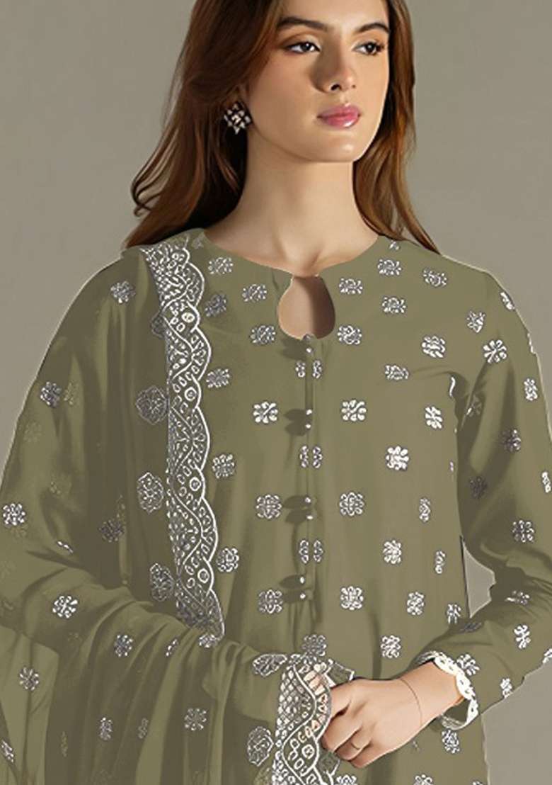 Light Green Embroidery Work Georgette Salwar Kameez With Dupatta - Indya