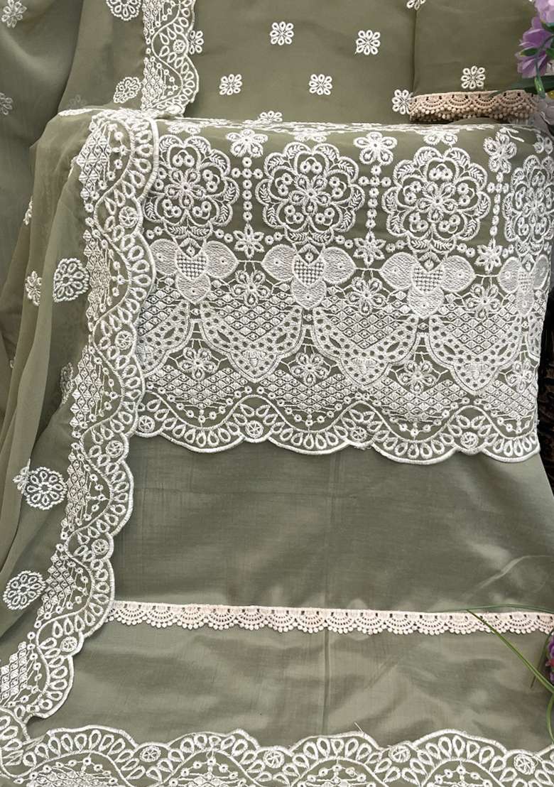 Light Green Embroidery Work Georgette Salwar Kameez With Dupatta - Indya