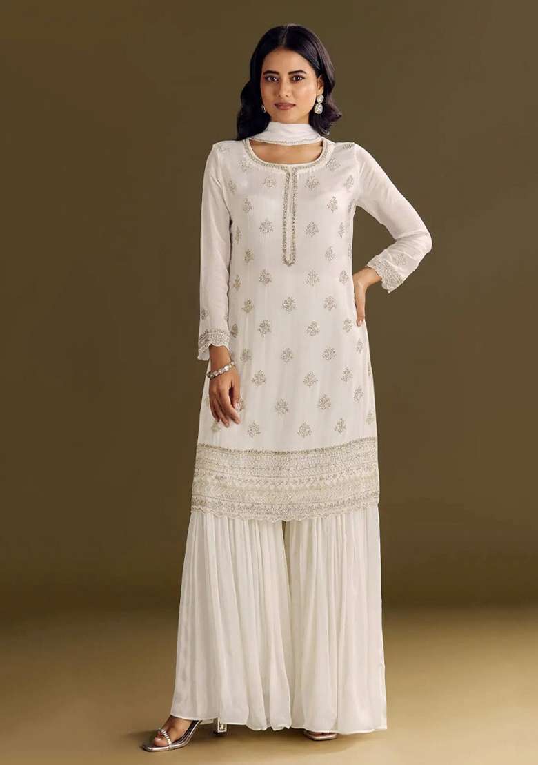 White Embroidery Work Georgette Salwar Kameez With Dupatta - Indya