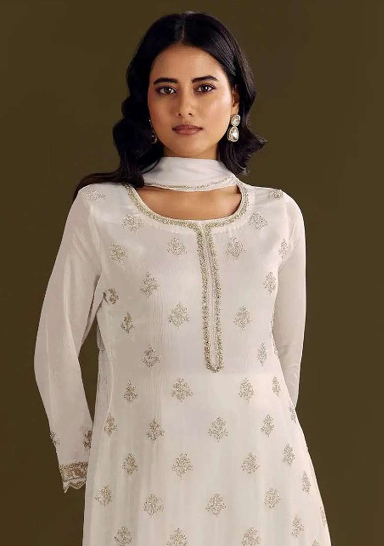 White Embroidery Work Georgette Salwar Kameez With Dupatta - Indya