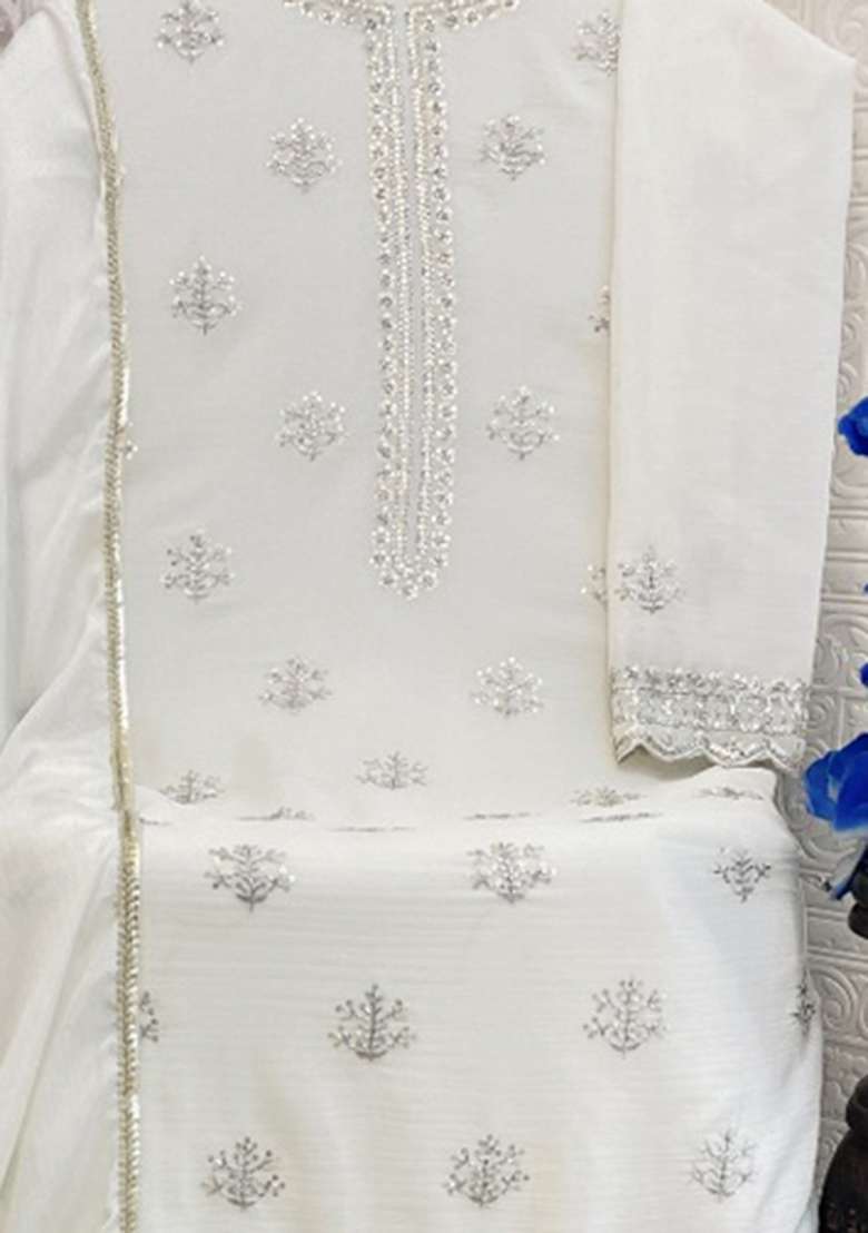 White Embroidery Work Georgette Salwar Kameez With Dupatta - Indya
