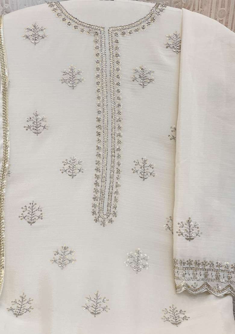 White Embroidery Work Georgette Salwar Kameez With Dupatta - Indya