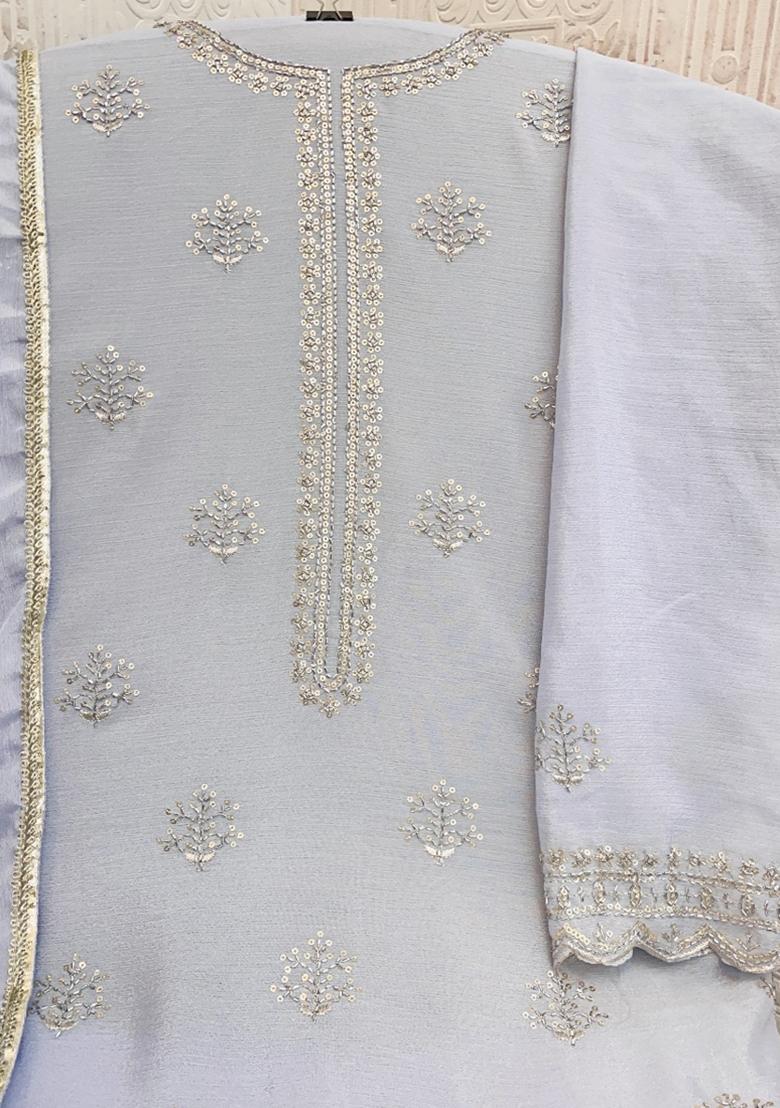 Grey Embroidery Work Georgette Salwar Kameez With Dupatta - Indya