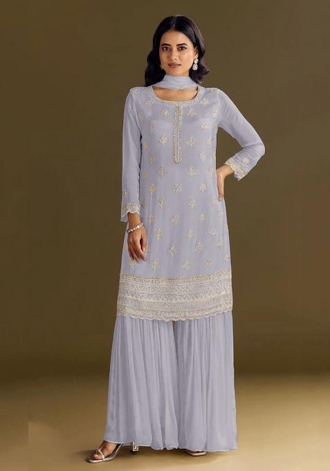 Grey Embroidery Work Georgette Salwar Kameez With Dupatta