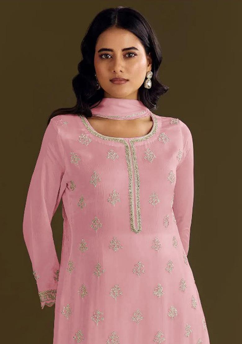Baby Pink Embroidery Work Georgette Salwar Kameez With Dupatta - Indya