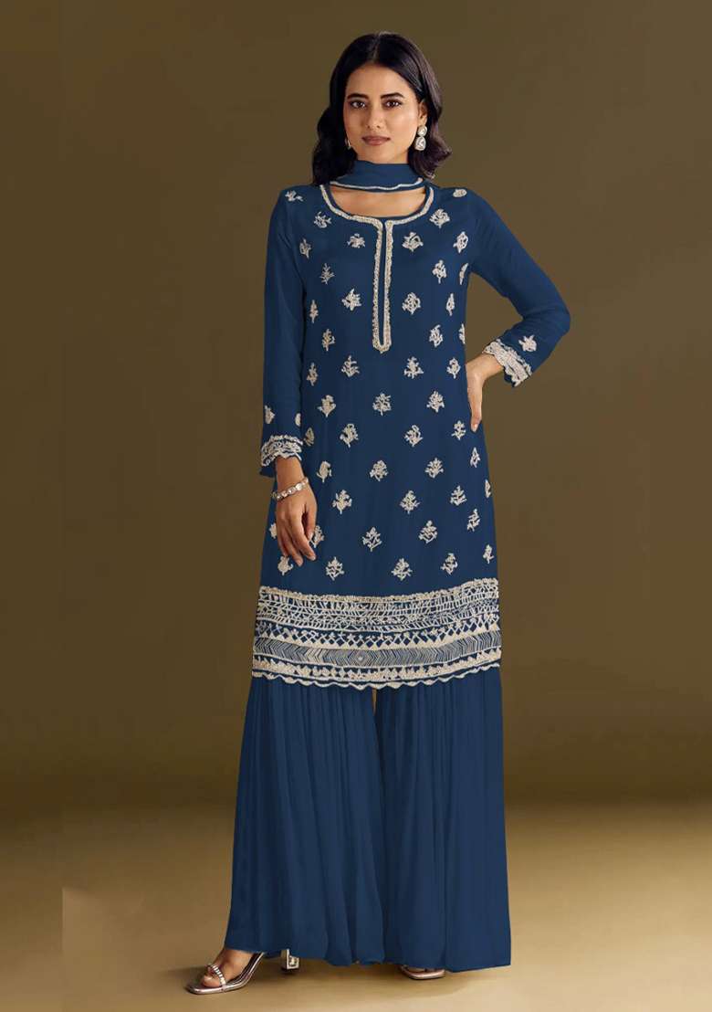 Blue Embroidery Work Georgette Salwar Kameez With Dupatta - Indya