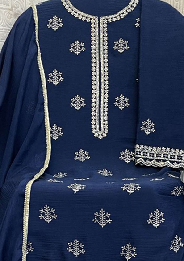Blue Embroidery Work Georgette Salwar Kameez With Dupatta - Indya