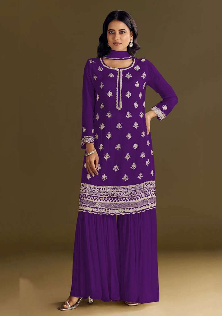 Purple Embroidery Work Georgette Salwar Kameez With Dupatta - Indya