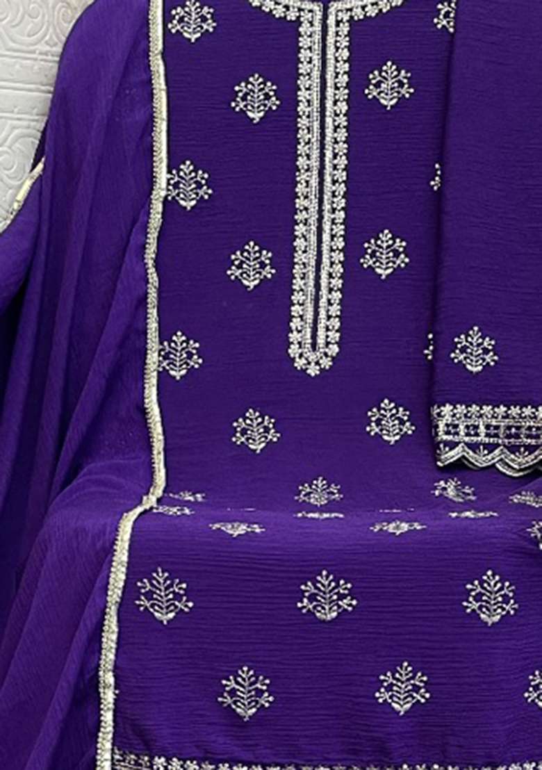 Purple Embroidery Work Georgette Salwar Kameez With Dupatta - Indya