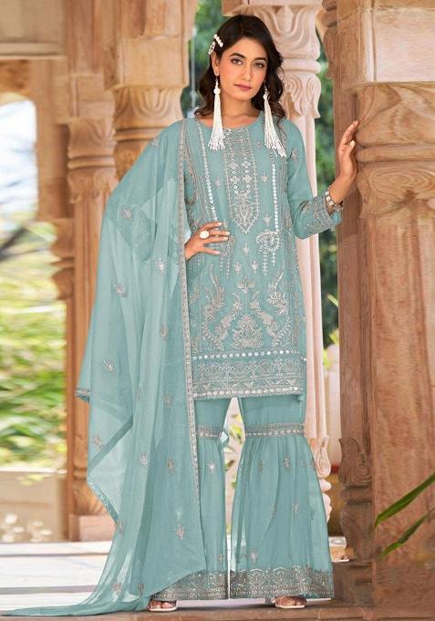 Sky Blue Embroidery Work Oraganza Salwar Kameez With Dupatta