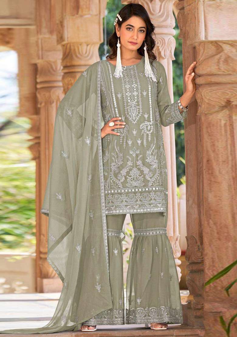 Grey Embroidery Work Oraganza Salwar Kameez With Dupatta - Indya