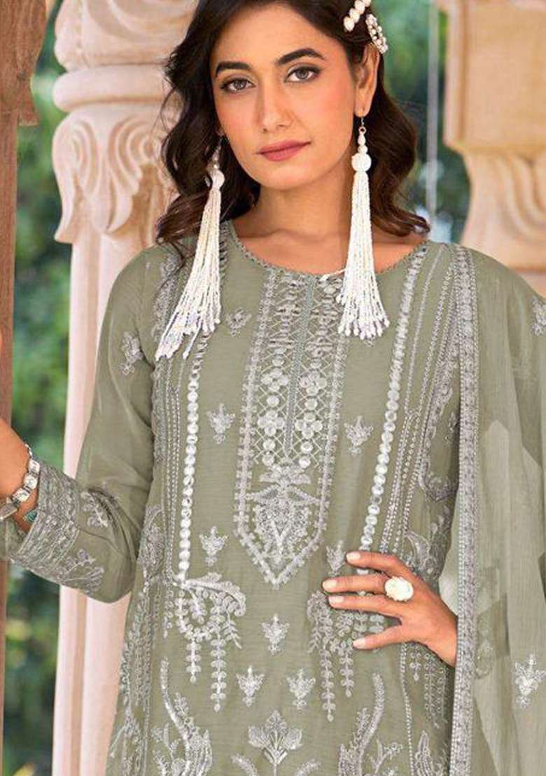 Grey Embroidery Work Oraganza Salwar Kameez With Dupatta - Indya