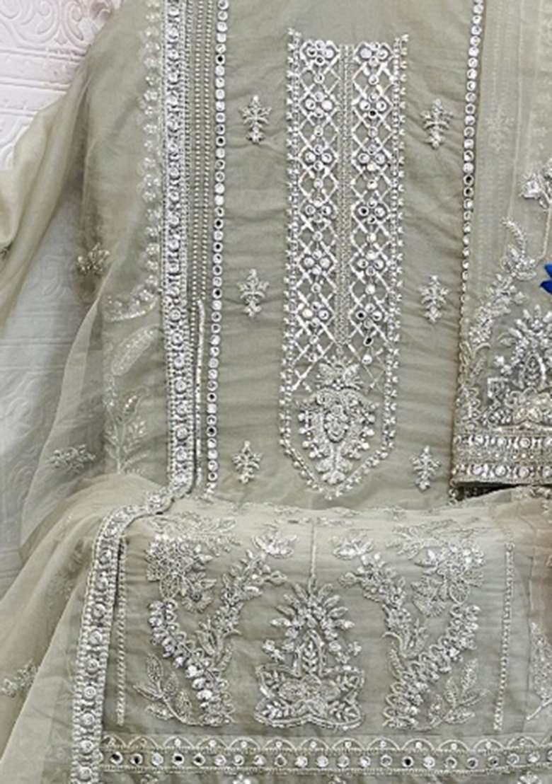 Grey Embroidery Work Oraganza Salwar Kameez With Dupatta - Indya