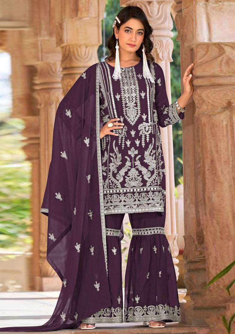 Purple Embroidery Work Oraganza Salwar Kameez With Dupatta - Indya