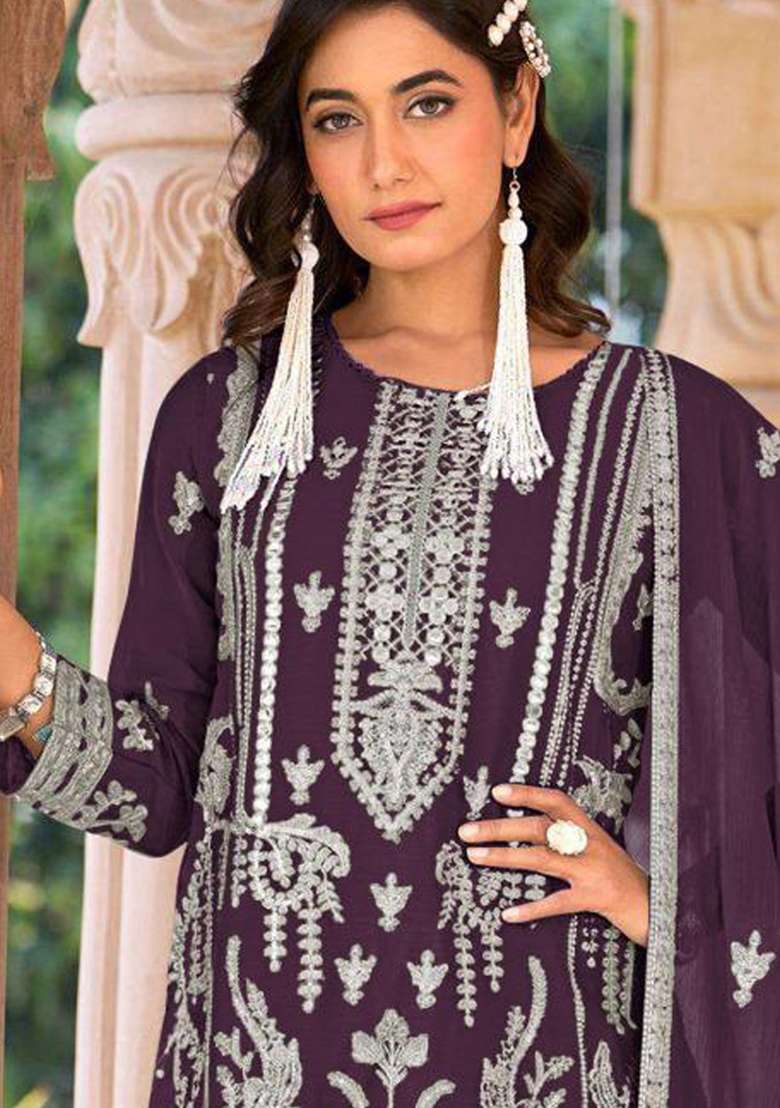 Purple Embroidery Work Oraganza Salwar Kameez With Dupatta - Indya