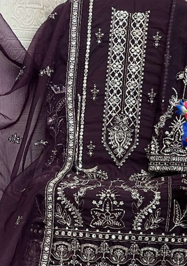 Purple Embroidery Work Oraganza Salwar Kameez With Dupatta - Indya