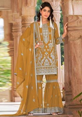 Yellow Embroidery Work Oraganza Salwar Kameez With Dupatta
