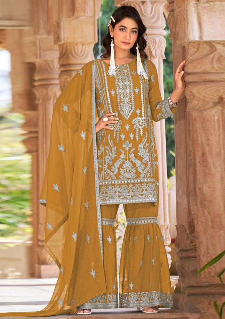 Yellow Embroidery Work Oraganza Salwar Kameez With Dupatta - Indya