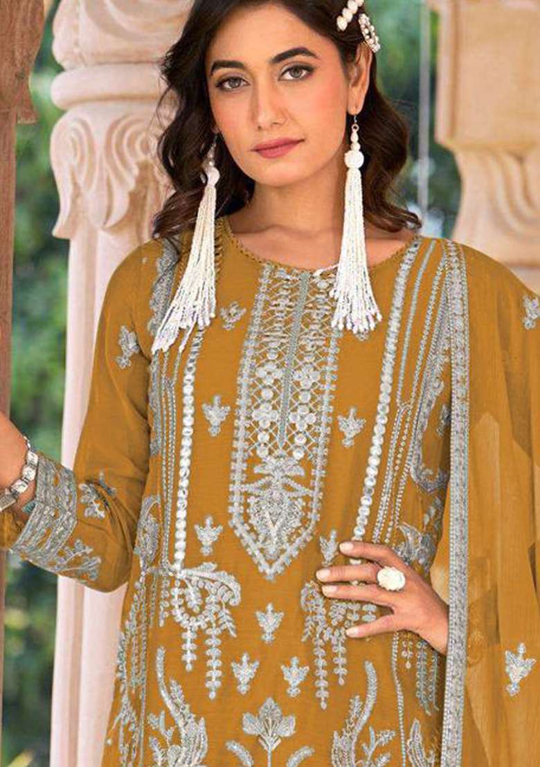 Yellow Embroidery Work Oraganza Salwar Kameez With Dupatta - Indya
