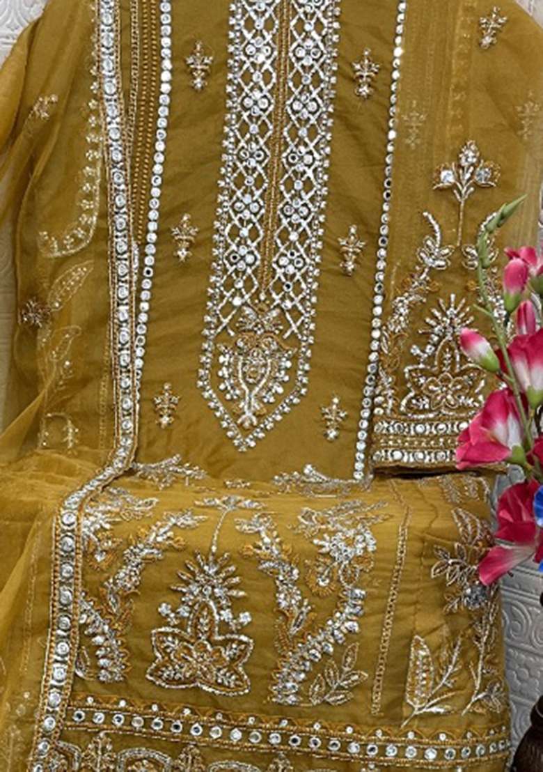 Yellow Embroidery Work Oraganza Salwar Kameez With Dupatta - Indya
