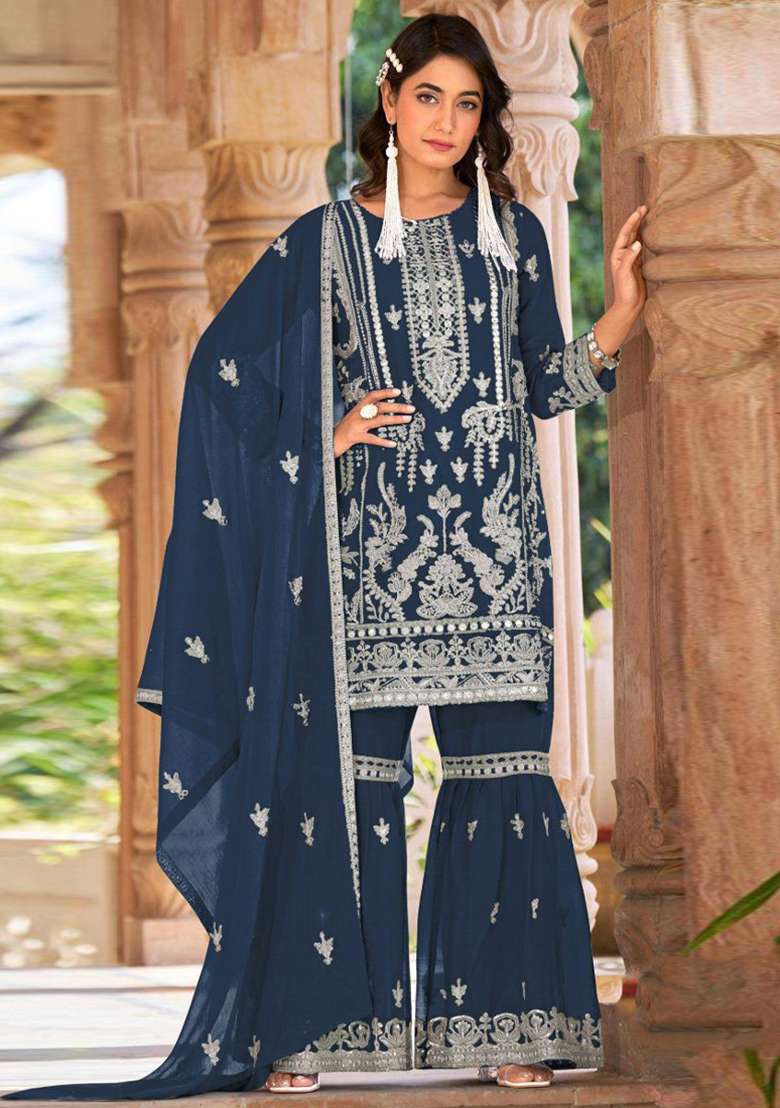 Blue Embroidery Work Oraganza Salwar Kameez With Dupatta - Indya