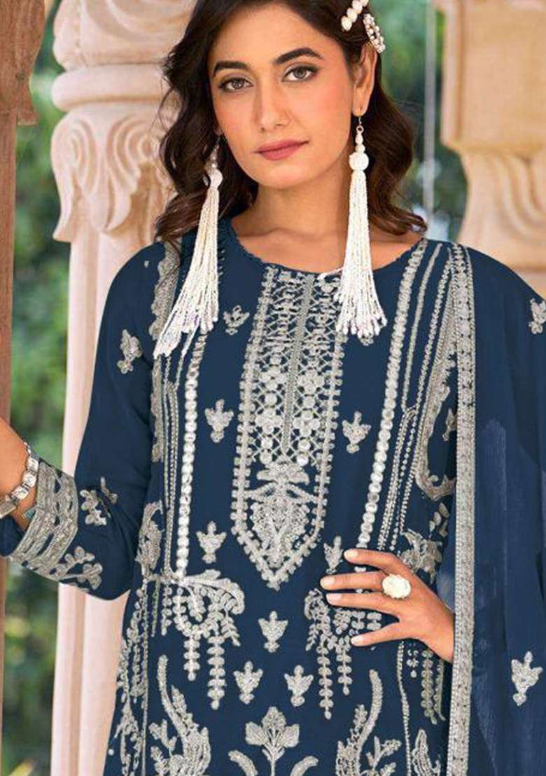 Blue Embroidery Work Oraganza Salwar Kameez With Dupatta - Indya