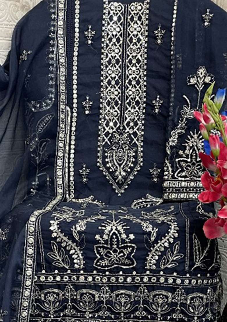 Blue Embroidery Work Oraganza Salwar Kameez With Dupatta - Indya