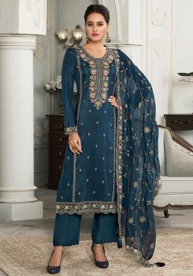 Blue Embroidered Silk Salwar Suit