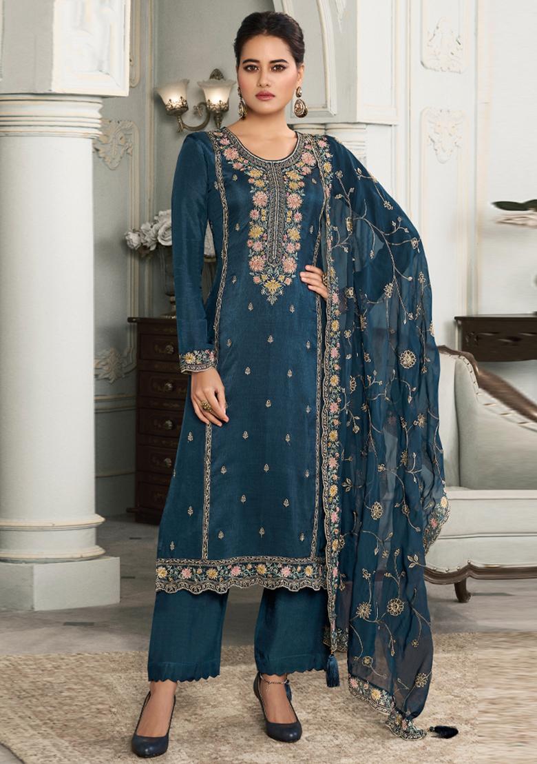 Blue Embroidered Silk Salwar Suit