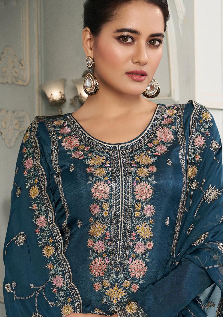 Blue Embroidered Silk Salwar Suit