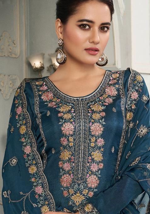 Blue Embroidered Silk Salwar Suit