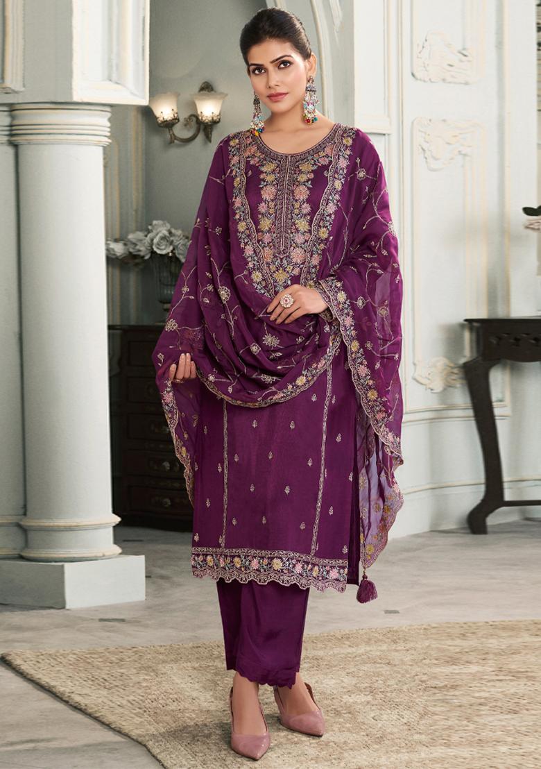 Magenta Embroidered Silk Salwar Suit