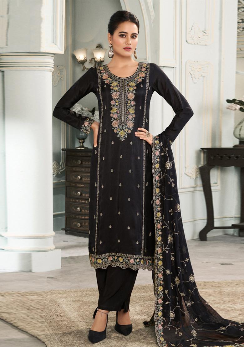 Black Embroidered Silk Salwar Suit