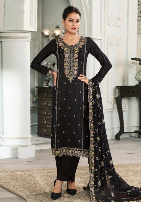 Black Embroidered Silk Salwar Suit
