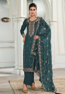 Teal Embroidered Silk Salwar Suit