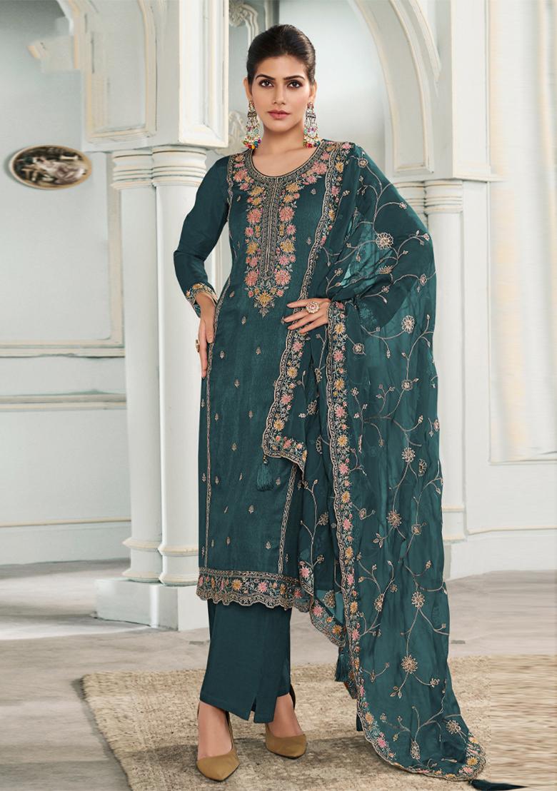 Teal Embroidered Silk Salwar Suit