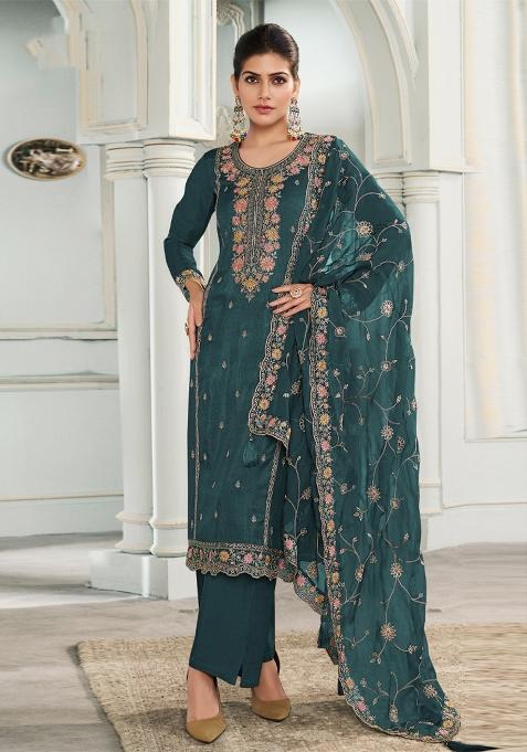 Teal Embroidered Silk Salwar Suit
